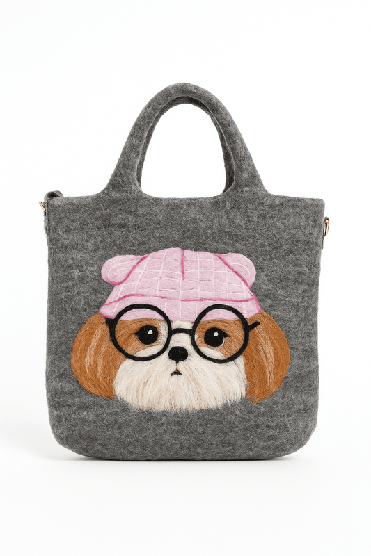Handtasche Filztasche Size L Large Bag mit Hund mit Brille, grau pink, 35x35cm, handgemacht aus 100% Wolle.