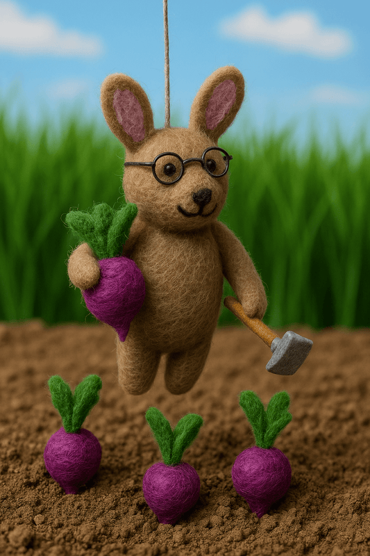 Handgemachter Filzanhänger Schlüsselanhänger Hase erntet Rübe, braun lila grün aus 100% Wolle.