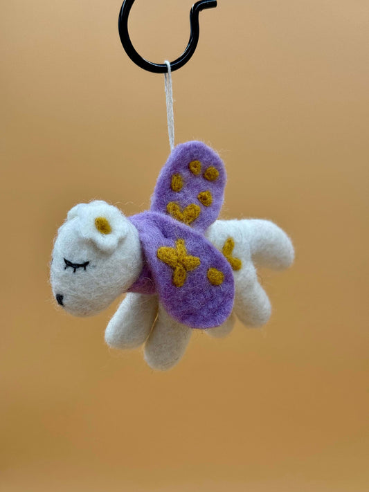 Filzanhänger Schlüsselanhänger Hündin mit Schal und Blume, handgemacht aus 100% Wolle, weiß-lila-gold.