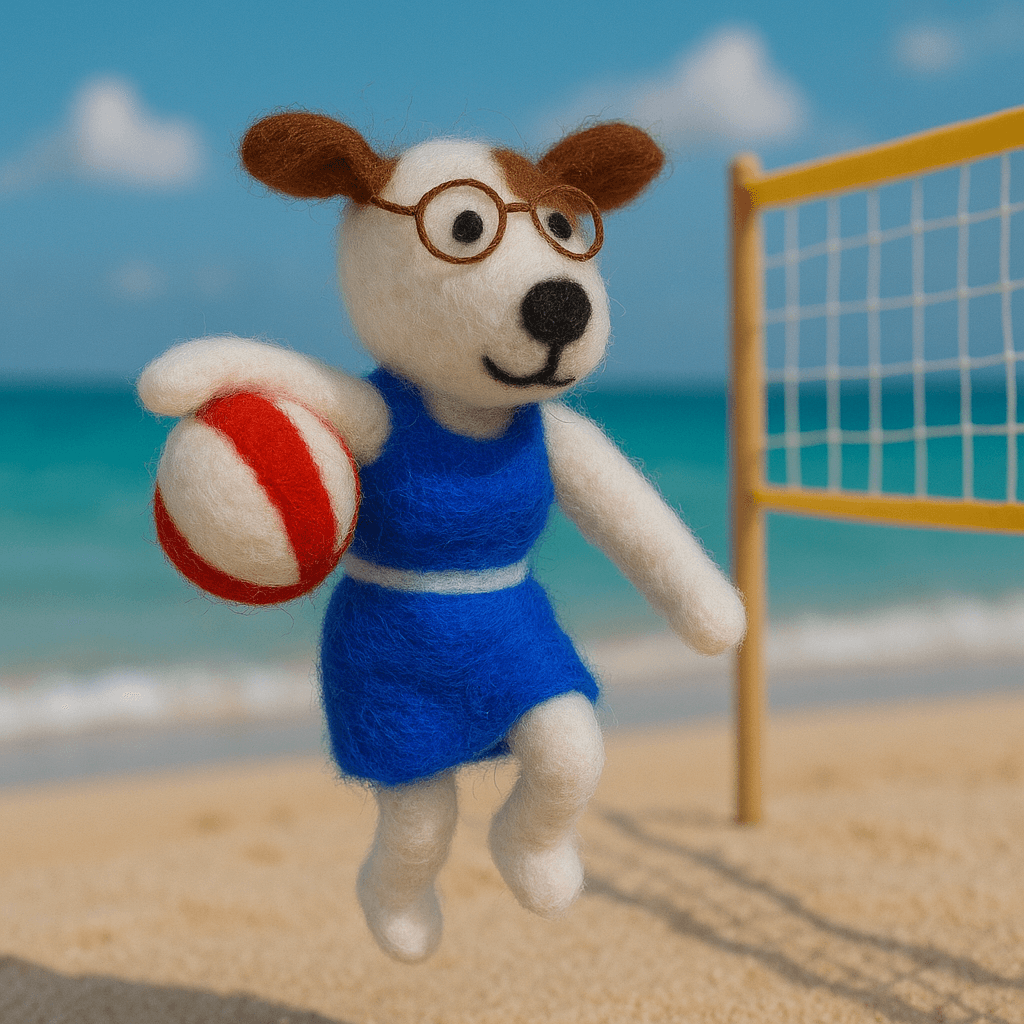 Filzanhänger Schlüsselanhänger Hund mit Volleyball, handgemachtes Unikat in blau und weiß, ideal für Schlüssel. View details!