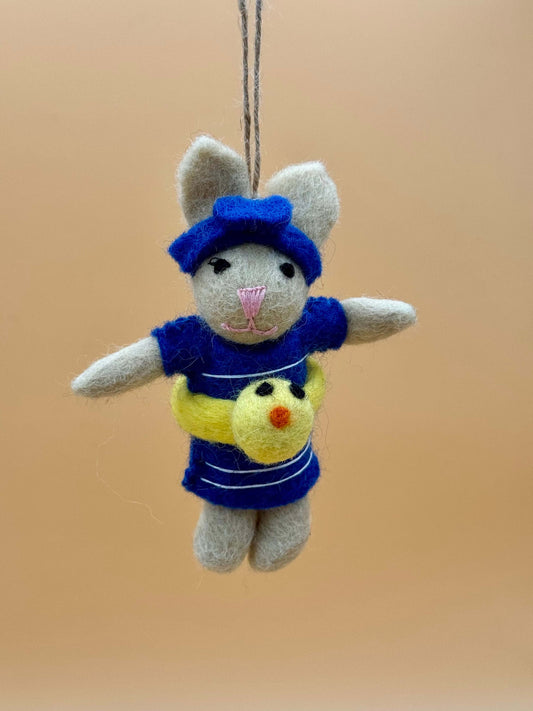 Filzanhänger Schlüsselanhänger Katze mit Schwimmring, handgemacht, blau, gelb, beige, 100% Wolle, Unikat.