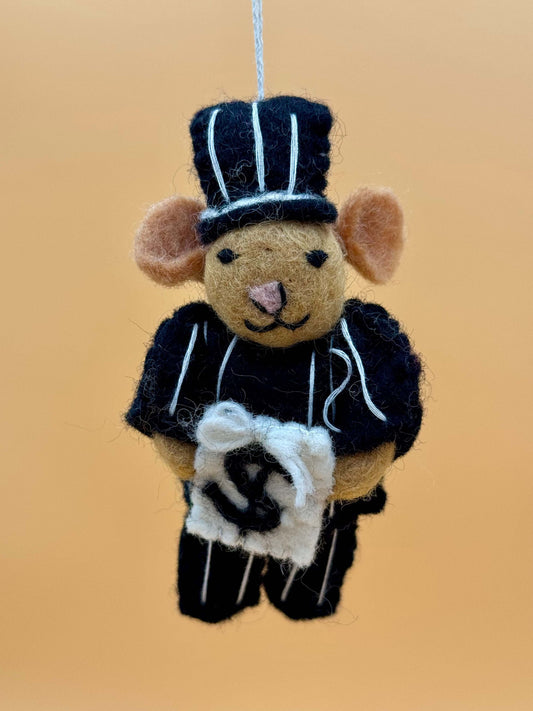 Filzanhänger Schlüsselanhänger Maus Millionär, handgemachte Wollmaus in schwarz mit Dolly, einzigartiges Design.