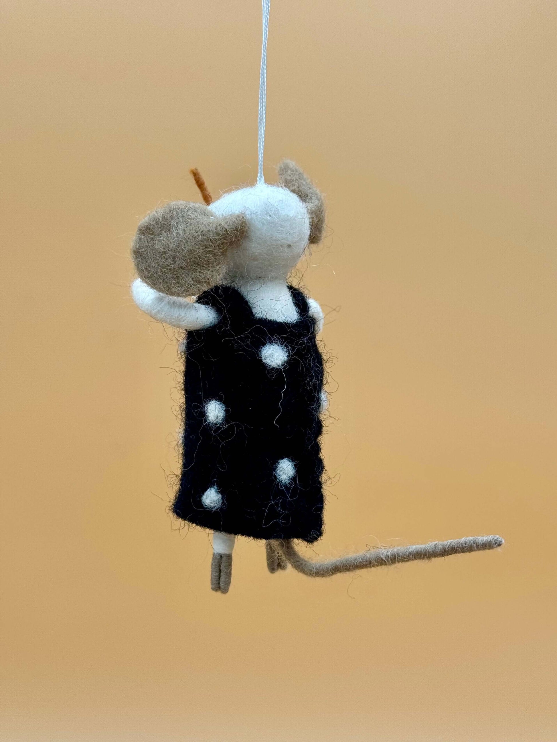 Handmade brown and white felt mouse keychain with a black dress, perfect for decorating keys or bags.