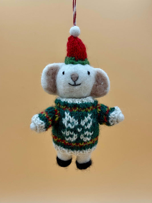 Handmade Christmas mouse keychain ornament dressed in a cozy sweater and hat, perfect for holiday decor.