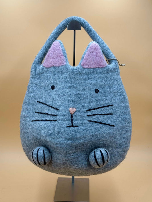 Handtasche Filztasche Korb Size L mit Katzenmotiv, grau und rosa, handgemacht aus 100% Wolle, ideales Aufbewahrungskorb.