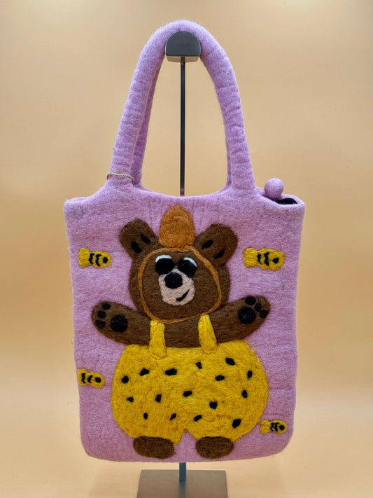 Handtasche Filztasche Size L Large Bag mit Bär und Bienen, handgefertigt aus Wolle, rosa und gelb, 29x36cm.