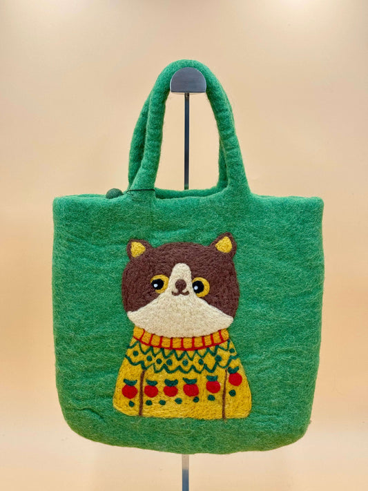 Handtasche Filztasche Size L Large Bag Katze mit Pullover, grün mit buntem Tiermotiv, handgemacht aus 100% Wolle.