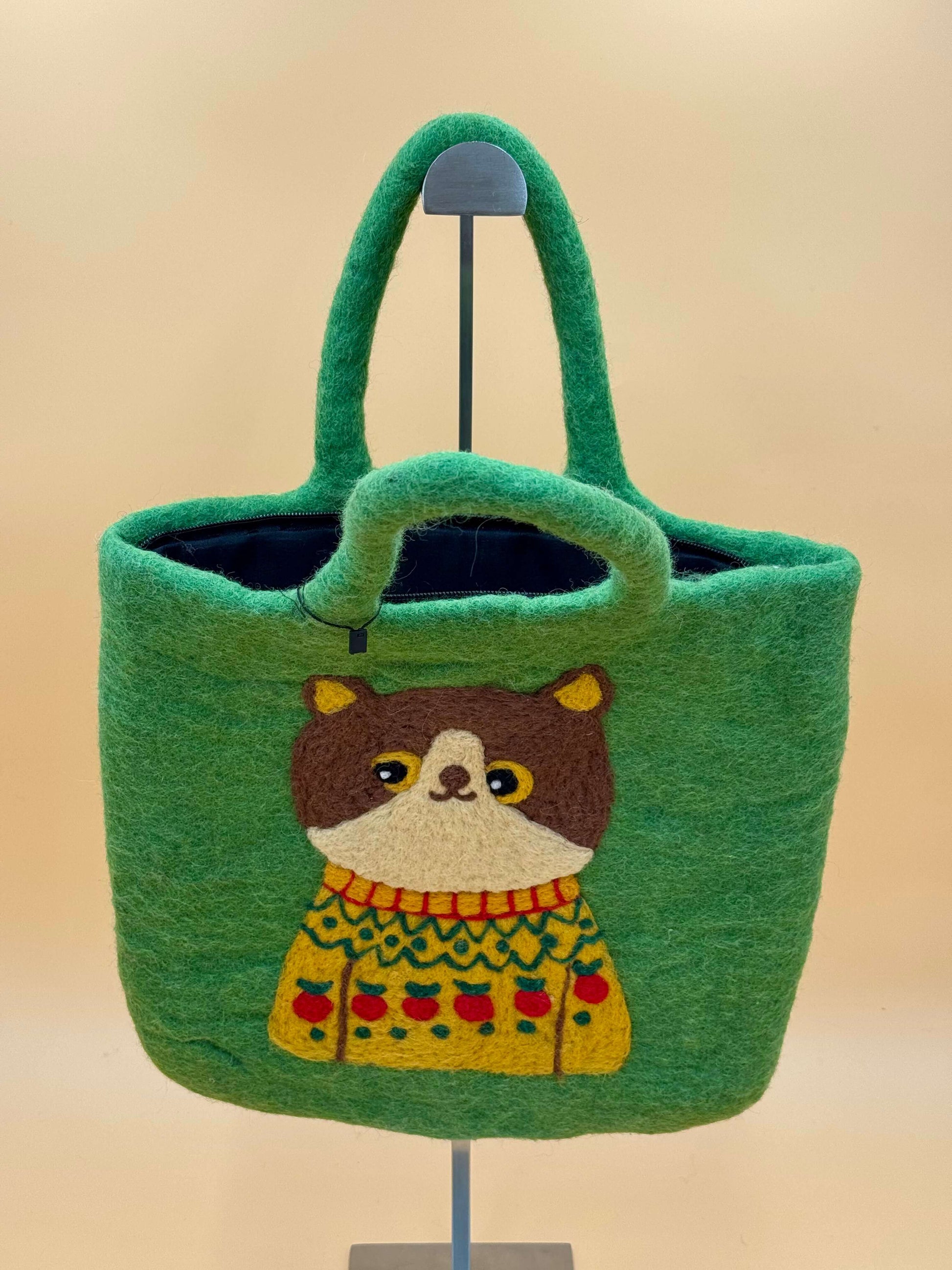 Handgemachte Handtasche Filztasche Size L in grün mit Katze im Pullover, 32x32cm, aus 100% Wolle.
