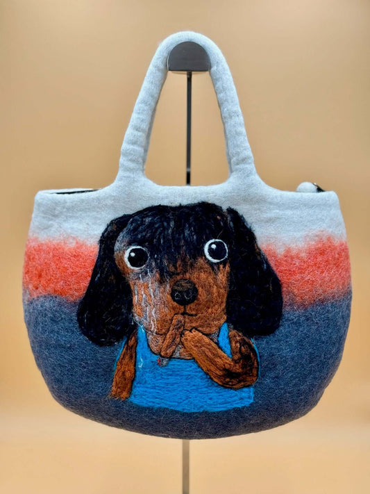 Handgemachte Filztasche Größe L mit Hundemotiv aus 100 % Wolle