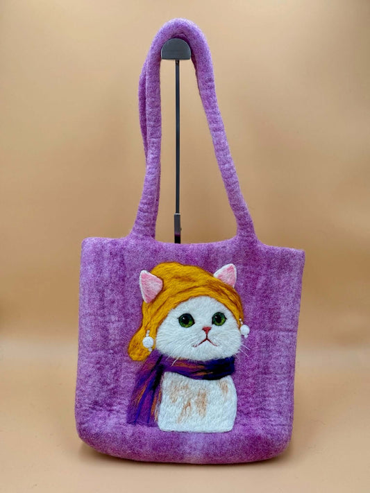 Schultertasche Filztasche Size L Shopper Katze mit Perle, lila Handtasche aus Wolle mit Katzenmotiv, 35x32cm.
