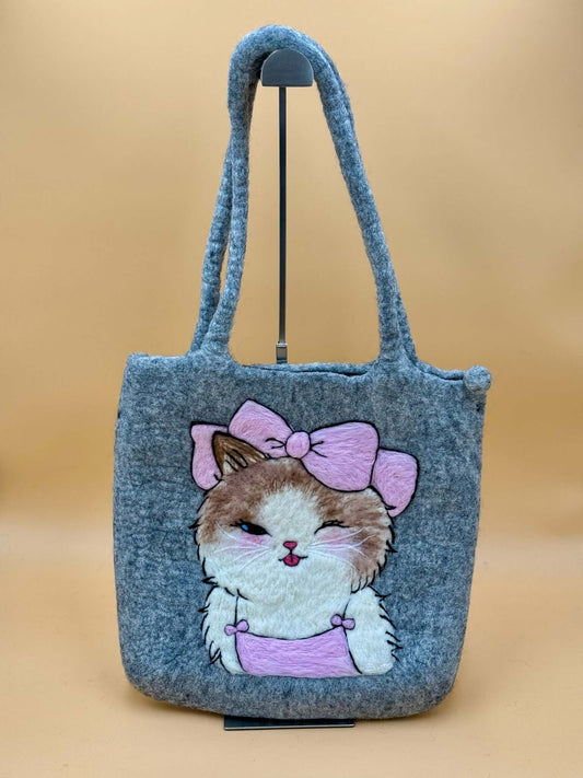 Schultertasche Filztasche Size L Shopper mit Katzenmotiv und pinkem Haarband, handgemacht aus 100% Wolle.
