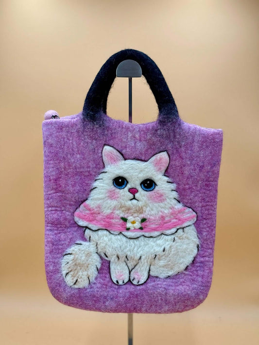Handtasche Filztasche Size L Large Bag Katze mit Kunstwerk einer Katze, lila und pink, handgemacht aus 100% Wolle.
