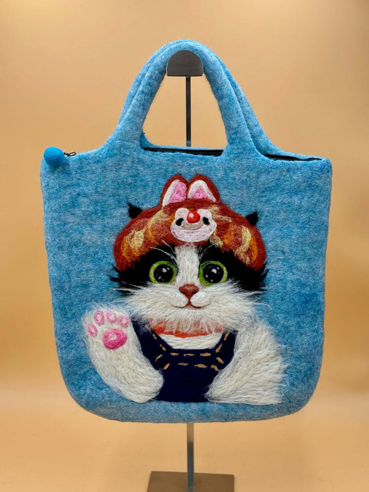 Handtasche Filztasche Size L Large Bag Katze mit buntem Katzenmotiv und robuster Wollstruktur