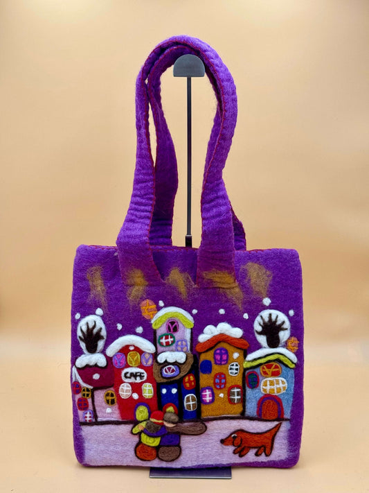 Schultertasche Filztasche Size L Shopper Häuse mit Hund - urbanchameleonberlin