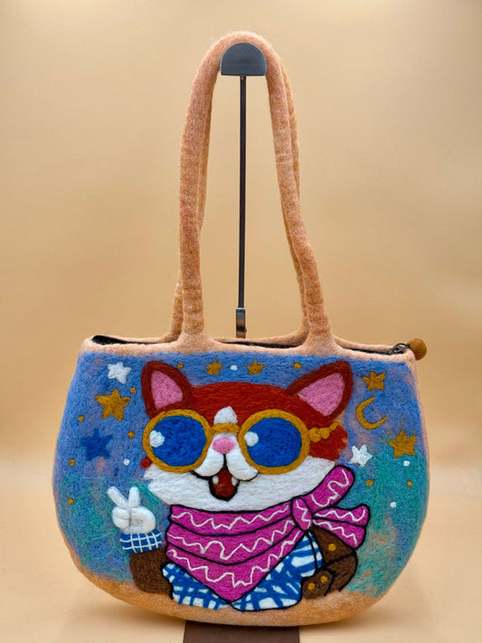 Schultertasche Filztasche Size L Totes Bag coole Katze - urbanchameleonberlin