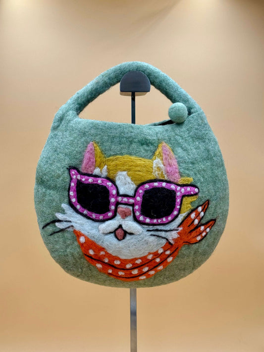 Handtasche Filztasche Size S Bucket Bag Katze mit Brille - urbanchameleonberlin