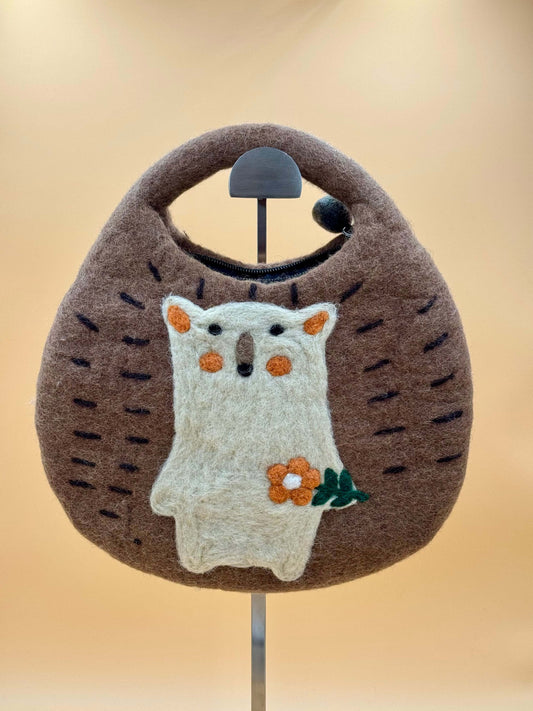 Handmade brown felt saddle bag with a cute bear design, perfect for wallets and cosmetics, size S.