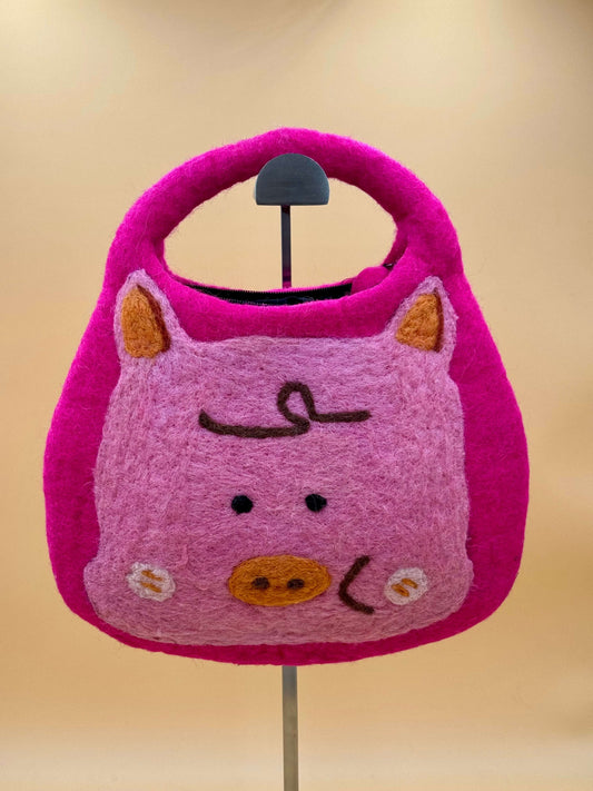 Handtasche Filztasche Size M Saddle Bag pinkes Schweinchen aus 100% Wolle, handgefertigt, pink-orange, ca. 30x24 cm.