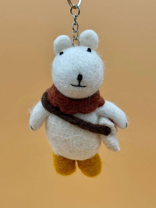 Handmade felt polar bear keychain with brown scarf, unique design, 100% wool, size M, excellent gift option.