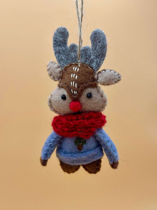 Handmade felt reindeer keychain in red scarf, woodland style, unique gift item for the holidays, 100% wool.
