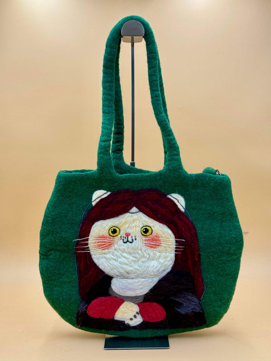 Schultertasche Filztasche Size L mit Mona Lisa Katze Design, handgemacht aus 100% Wolle.