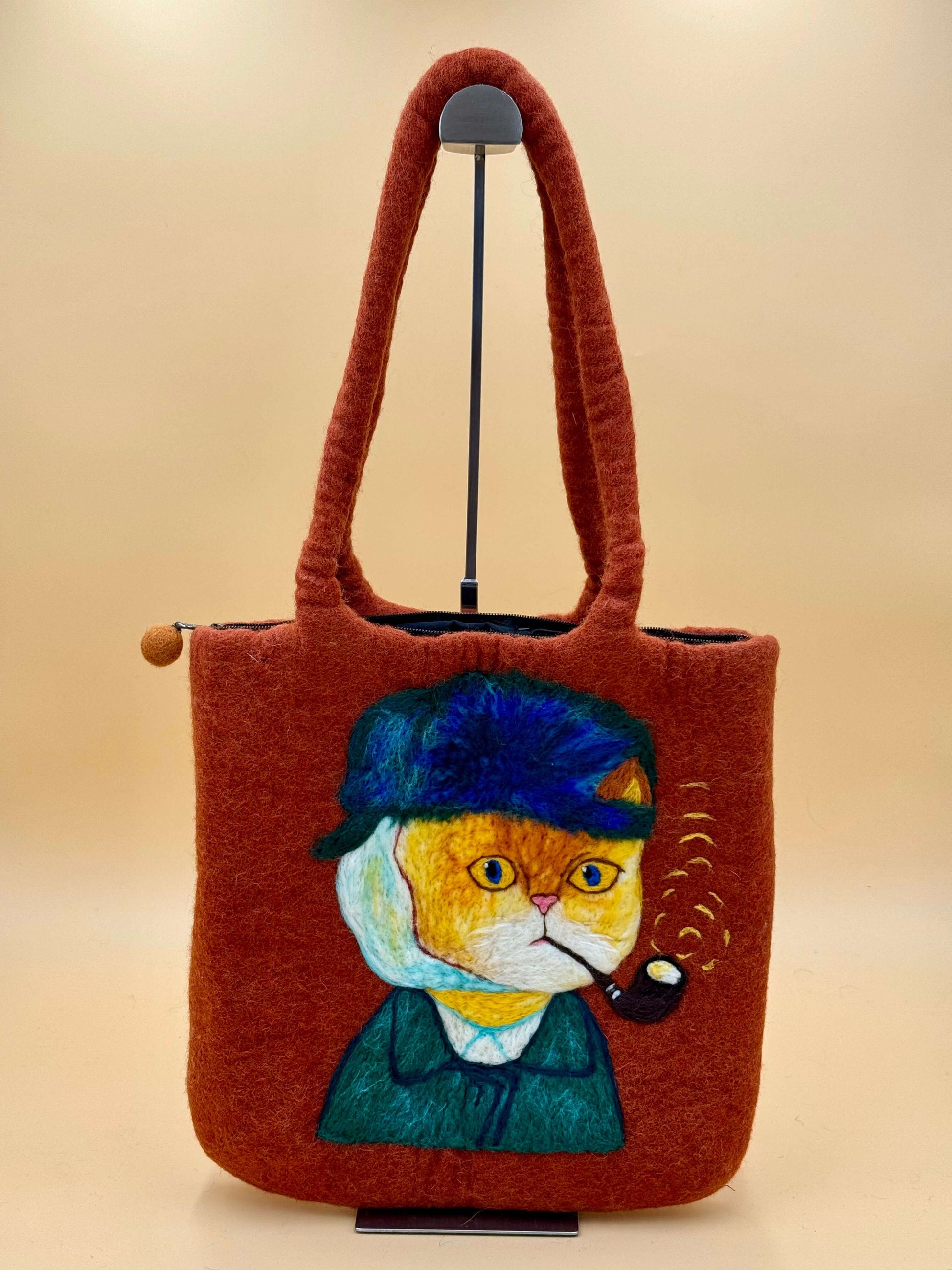 Schultertasche Filztasche Size L Shopper Van-Gogh Katze, handgemachte Wolle Tasche mit charakteristischem Katzenmotiv.