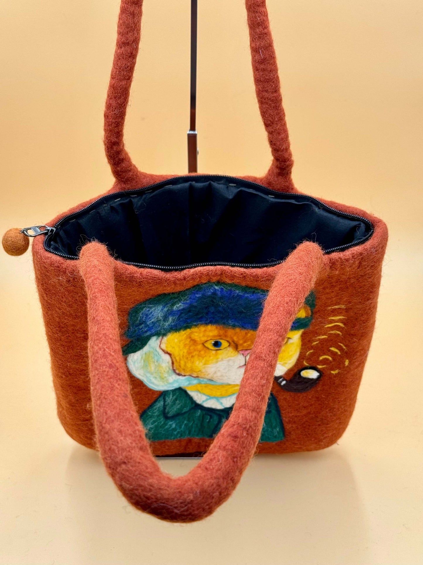 Schultertasche Filztasche Size L Shopper Van-Gogh Katze in orange mit Reißverschluss und Innenfutter, handgemacht